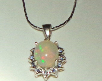Ethiopian Welo Opal, Sterling Silver Necklace,Natural Gemstone, Fine Welo Opal Jewelry, Genuine Opal Necklace, Blue Sapphire Halo, OOAK