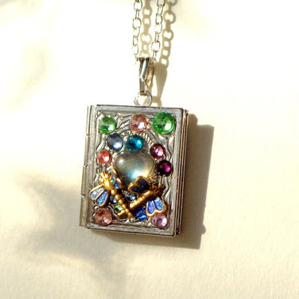 Labradorite Gemstone Heart, Locket Necklace, Dragonflies, Multi-Colored Swarovski Crystals, Woodland Fantasy Locket, OOAK