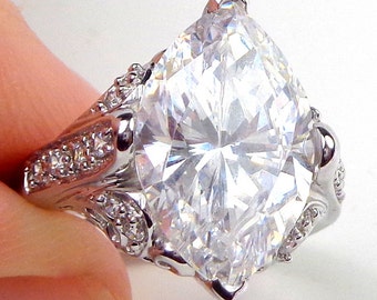 Sz 7, Solid 14k White Gold, Ornate Design Ring, Large Brilliant, (Clear,) Marquee Cut Solitaire, Hallmarked 14K