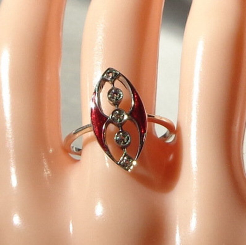 White Topaz /& Red Enamel Sterling Silver Size 7 14 Estate Ring Art Deco Ring Style Marquise Open Work Ring