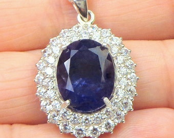 Natural Iolite,Tanzanite Hue, Sterling Silver Necklace, Double CZ Halo, High Fashion Jewelry