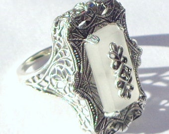 Size 8, Vintage Camphor Glass Ring, Sterling Silver Filigree, Edwardian Fantasy, Art Deco Ring, Victorian Style, Diamond Ring