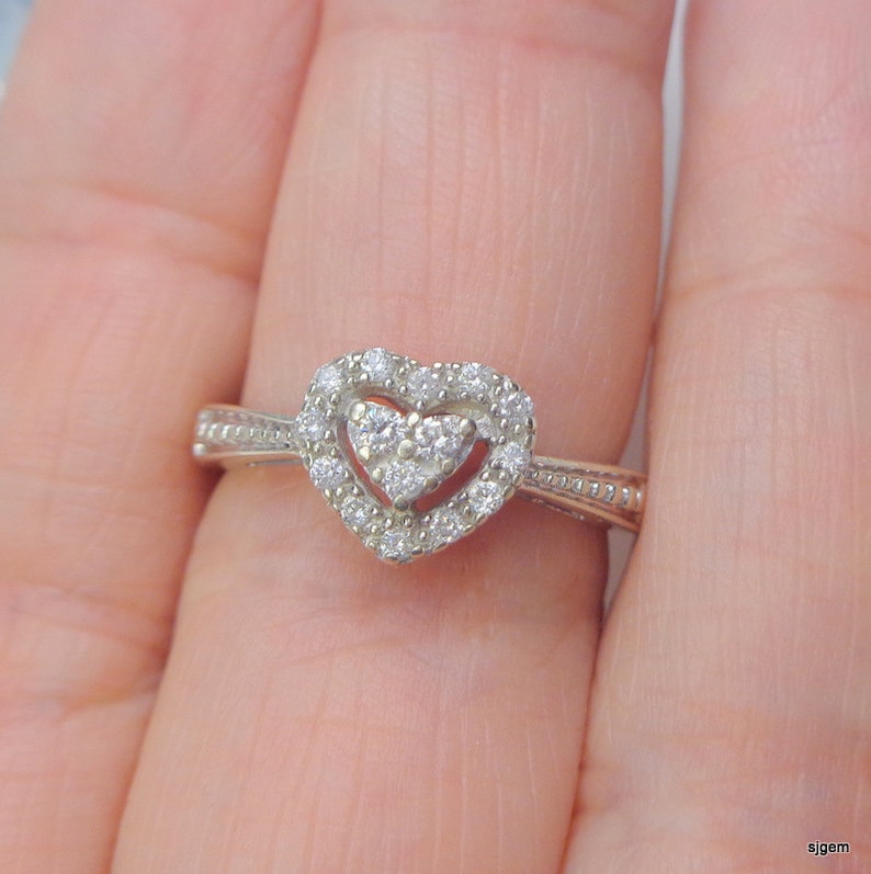 Solid 10k White Gold,White Diamonds,Promise Ring,Pave Setting,Promise Ring,Sweetheart Gift,Diamond Heart,Lady/'s Engagement Ring,Wedding Ring