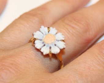 Natural Coral Shell, Carved Floral Design Ring, Gold Filled, Sterling Silver, Size Adjustable, Fashion Statement Ring