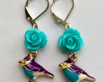 Carved Turquoise Rose Earrings, Hand Crafted, Ladies Gift, Dandling Enamel Birds, Silver tone lever backs, Nickel Free, Hypo Allergenic