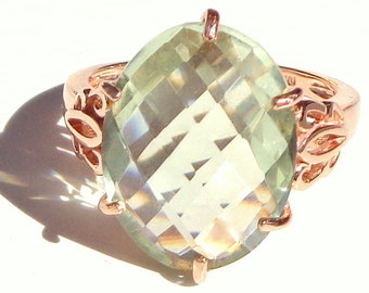 Sz 7, Victorian Design, Solid 10K Rose Gold, Prasiolite, aka Green Amethyst, Filigree Ring, Engagement, Wedding, Promise Ring