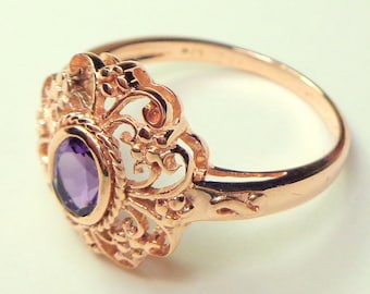 Size 7, 9k Rose Gold, Dark Purple, Ornate Ring, Edwardian Design, Vintage Amethyst Ring, Estate Jewelry, Engagement, Wedding, Promise Ring