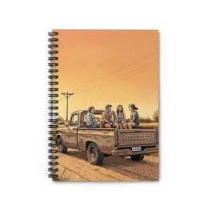 May include: A vintage pickup truck with four people sitting in the back. The truck is brown and rusty with a white license plate that reads "CENTRALIA" and "K24-61". The people are wearing casual clothing and are looking out at the sunset.
