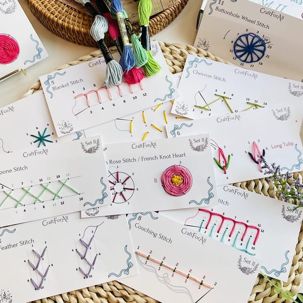 Embroidery Stitch Card Kit Set 2: Beginner DIY Illustrated Instructions Pre perforated Cards Threads Scissors Needle