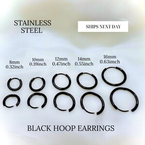 Brincos de argola de aço inoxidável preto, brincos Huggie Hoops hipoalergênicos, joias minimalistas unissex, vários tamanhos para uso diário, presente para ele, para ela