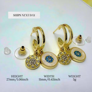 Gold Charm Hoop Earrings with Blue and White Crystal Medallions Dangle Drop Earrings, Lightweight Gift for Her, Elegant Gold Circle Earrings