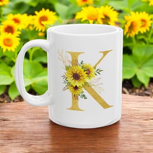 K to V Floral Initial Ceramic Mug, Personalized Coffee Cup, Custom Monogram Mug, Botanical Alphabet Drinkware, Gift for Her, Mother&#39;s Day