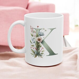 K to V Floral Initial Ceramic Mug, Personalized Coffee Cup, Custom Monogram Mug, Botanical Alphabet Drinkware, Gift for Her, Mother&#39;s Day