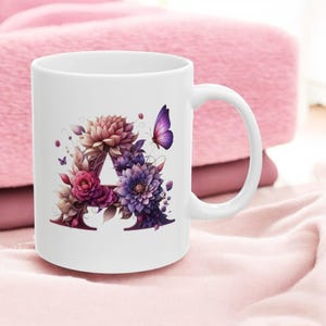 A to J Floral Initial Ceramic Mug, Personalized Cup, Custom Monogram Tea Mug, Botanical Alphabet Drinkware, Gift for Her, Mother&#39;s Day