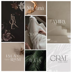 Puede incluir: Un collage de imágenes con elegantes logotipos y diseños de marca. Los logotipos incluyen los nombres "Flore", "Maslina", "Amira", "Ophelia", "Isla & Rose", "Raia" y "Grae". Cada logotipo tiene una fuente y un estilo únicos, algunos incorporando elementos florales o naturales.