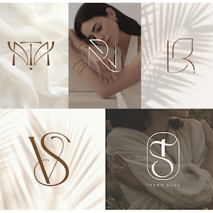 Könnte beinhalten: Eine Collage von Schmuckmarkenlogos und eine Frau, die Schmuck trägt. Die Logos zeigen stilisierte Initialen in Braun und Weiß vor neutralen Hintergründen. Ein Logo enthält den Text "TREND AURA". Die Frau trägt Goldschmuck.