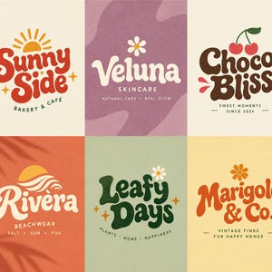 Può includere: Una collezione di sei loghi grafici con tipografia e icone in stile retrò. I loghi includono Sunny Side Bakery & Café, Veluna Skincare, Choco Bliss, Rivera Beachwear, Leafy Days e Marigold & Co. Ogni design utilizza palette di colori e simboli distinti come soli, fiori e ciliegie.