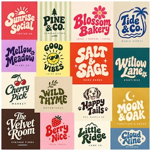 May include: A grid of sixteen square logo designs featuring various brand names and icons in retro typography. The collection includes Sunrise Social, Pine & Co., Blossom Bakery, Tide & Co., Mellow Meadow, Good Vibes, Salt & Sage, Willow Lane, Cherry Pick, Wild Thyme, Happy Tails, Moon & Oak, The Velvet Room, Berry Nice, Little Ridge, and Cloud Nine.