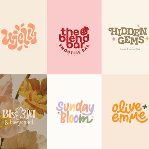 Può includere: Una collezione di sei loghi grafici con vari stili tipografici e colori. I loghi includono il testo jelly, the blend bar, HIDDEN GEMS, BLOOM & beyond, Sunday Bloom e olive + emme, con accenti floreali e a forma di stella.
