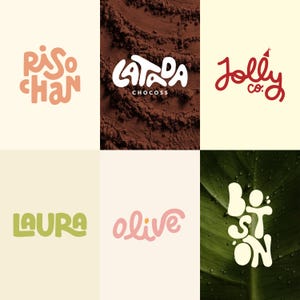 Può includere: Una collezione di sei loghi grafici con tipografia stilizzata. I loghi includono il testo Riso Chan, Latada Chocoss su uno sfondo di polvere di cacao, Jolly Co con un cappellino da festa, Laura, Olive e Boston su uno sfondo di foglia verde.