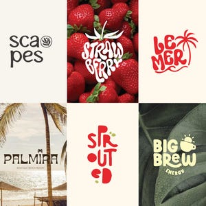 May include: A collage of six logos with various designs. One logo features the word "STRAWBERRY" in white script over a background of red strawberries. Other logos include the words "scapes", "le mer", "palmira", "sprout", and "big brew energy".