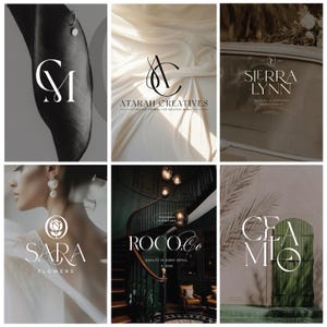 Puede incluir: Colección de logotipos con tipografía elegante. Incluye logotipos para "SARA FLOWERS", "SIERRA LYNN", "ATARAH CREATIVES", "ROCO.Co" y "CEA MILO". Los logotipos presentan varios diseños, incluyendo elementos florales e iniciales estilizadas.