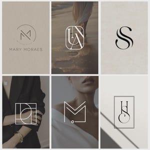 Puede incluir: Una colección de diseños de logotipos minimalistas en blanco y negro. Los logotipos presentan iniciales, formas geométricas y el nombre "MARY MORAES". Los diseños están sobre fondos neutros, creando una estética sofisticada y moderna.