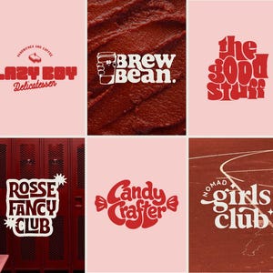 Può includere: Una collezione di sei design grafici con testo e immagini in rosso su vari sfondi. I design includono Lazy Boy Delicatessen, Brew Bean con una tazza di caffè, The Good Stuff, Rosse Fancy Club su armadietti, Candy Crafter e Nomad Girls Club.