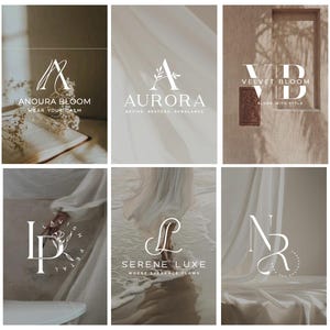 May include: Six minimalist logos with elegant typography. The logos feature the names "Anoura Bloom", "Aurora", "Velvet Bloom", "Lavish Petal", "Serene Luxe", and "NR", each with a unique design and accompanying text. The colour palette is soft and neutral.