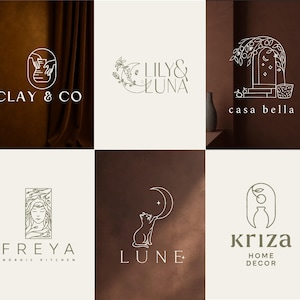 Può includere: Una collezione di sei distinti design di loghi con illustrazioni a linee. I loghi includono elementi testuali come CLAY & CO, LILY & LUNA, casa bella, FREYA NORDIC KITCHEN, LUNE e KRIZA HOME DECOR, visualizzati in vari caratteri e stili.
