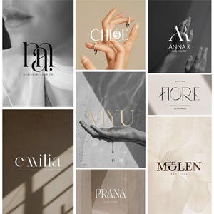 Könnte beinhalten: Eine Sammlung minimalistischer Logos mit eleganter Typografie. Die Logos sind für Unternehmen wie DesigningLove.co, Chloe Accessories, Anna R nail-master, Fiore skincare oil, Emilia Interiors, Prana Yoga Studio und The Molen Boutique.