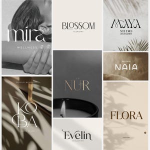 Op de afbeelding: Een collage van acht verschillende logo-ontwerpen met diverse typografische stijlen en merknamen, waaronder Mira Wellness, Blossom Floristry, Maya Studio, Naia, Koba Home Decor, Nür, Evelin Collection en Flora, gepresenteerd in een rasterindeling.