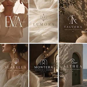 Può includere: Una collezione di sei distinti design di loghi aziendali caratterizzati da una tipografia elegante e icone minimaliste. I loghi includono EVA Women's Jewellery, LUMORA Skincare Rituals, TALVORA Home Decor & Lifestyle, SEAVELLA Fine Jewellery, MONTERA Architecture & Interiors e ALTHEA Travel & Experiences.