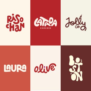 Könnte beinhalten: Ein Raster aus sechs grafischen Logodesigns mit stilisierter Typografie in Rot, Weiß und Dunkelbraun. Der Text umfasst Riso Chan, Latada Chocoss, Jolly Co, Laura, Olive und Boston, dargestellt in verschiedenen abgerundeten, fetten und kursiven Schriftstilen.