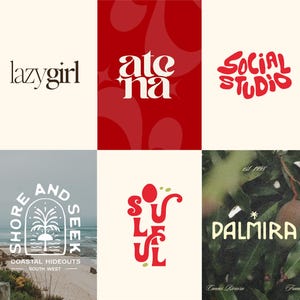 Może przedstawiać: Kolekcja sześciu różnych projektów graficznych logo z różnymi stylami typograficznymi, w tym tekstami lazygirl, atena, social studio, SHORE AND SEEK COASTAL HIDEOUTS SOUTH WEST, S O U L F U L oraz PALMIRA est 1998 Cannes Riviera France.