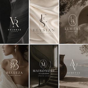 May include: A collection of six distinct logo designs featuring elegant serif typography and minimalist monograms. The logos include the names Veloraé Studio, Elysian Creative House, Lumière Event Co, Belleza Floral Design, Maisonore Interiors, and Aurevia Wellness Retreat.