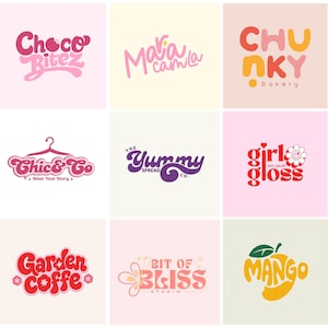 May include: A grid of nine distinct logos featuring stylised typography and graphic elements. The logos include Choco Bitez, Maria Camila, Chunky Bakery, Chic & Co, The Yummy Spread Co, Girl Gloss, Garden Coffe, Bit of Bliss Studio, and Mango.
