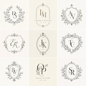 Pode incluir: Uma coleção de nove designs de logotipos em preto e branco com vários monogramas, incluindo DS, LM, AV, ER, JK, TC, BW, OP e SR. Cada logotipo está inserido em molduras decorativas como escudos, ovais e coroas florais com texto.