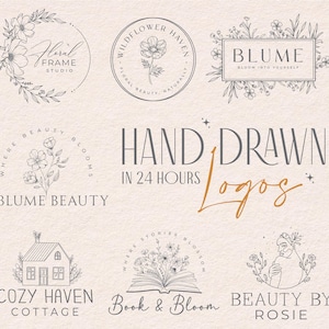 Könnte beinhalten: Eine Sammlung von acht schwarzen Strichzeichnungen-Logos auf strukturiertem beigen Hintergrund. Der Text umfasst "Floral Frame Studio", "Wildflower Haven", "Blume", "Blume Beauty", "Hand Drawn in 24 Hours Logos", "Cozy Haven Cottage", "Book & Bloom" und "Beauty by Rosie".