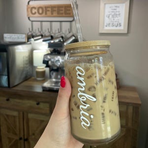 Personalized Iced Coffee Cup, 16oz Glass Cup, Custom Glass Tumbler with Lid and Straw, Bridesmaid Gift, Coffee lover gift