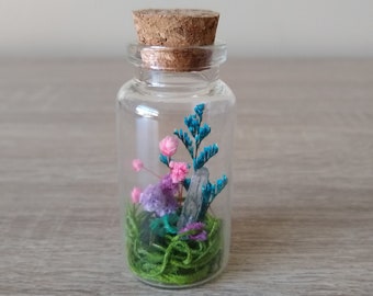 Miniature Quartz Crystal Pink and Blue Flower Garden Jar Terrarium