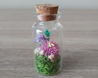 Miniature Gold Bee Pink Flower Garden Jar Nature Scene Terrarium