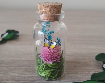 Miniature Butterfly Pink Flower Garden Jar Nature Scene Terrarium