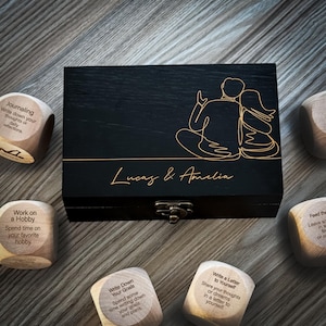 Couples Leisure Dice Set - Engraved Wooden Box with Romantic Artwork | Fun Self-Care, Mindfulness Game | Unique Gift for Relaxation
