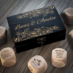 Leisure Dice Set - Personalized Wooden Box with Floral Engraving | Fun Self-Care, Mindfulness Game | Unique Gift for Relaxation & Hobbies