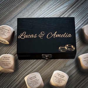 Personalized Leisure Dice Set - Wooden Box with Wedding Rings Engraving | Fun Self-Care, Mindfulness Game | Stress Relief & Couples Gift