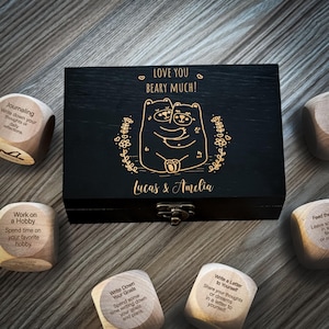 Personalized Wooden Dice Set - Cute Bear Engraved Box for Leisure & Self-Care | Fun Relaxation, Mindfulness Game | Unique Gift for Couples