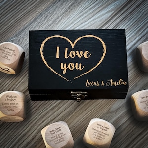 Romantic Leisure Dice Set - Engraved Wooden Box with Heart & I Love You | Fun Self-Care, Mindfulness Game | Unique Gift for Couples