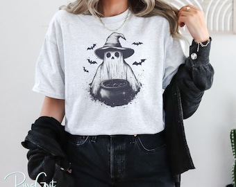 Witch Ghost Cauldron Halloween Shirt | Spooky Season PNG Design | Cute Ghost Witch Clipart | Halloween T-Shirt Graphic for Fall Decor