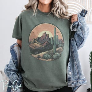 Desert Sunset PNG | Cactus Landscape Clipart | Western Printable T-Shirt Design | Retro Boho Mountains PNG for Sublimation, Instant Download